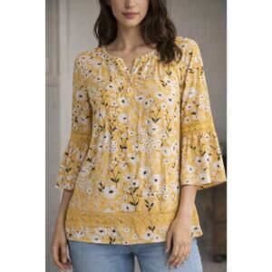 Crown & Ivy Yellow White Floral Tunic Dress Women's Size Large Boho Cottage...